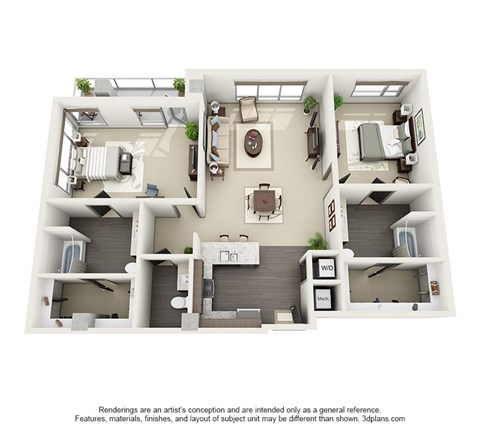 Floor plan for 2 beds, 2 baths, 1663 sqft